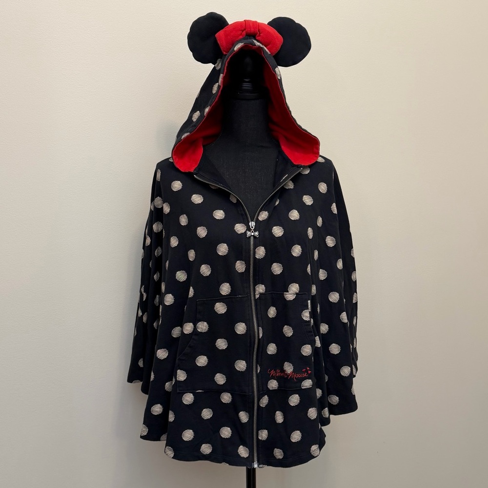 Disney Parks Womens M/L Black Tan Polka Dot Cape Poncho Hoodie Ears‎ Bow Minnie